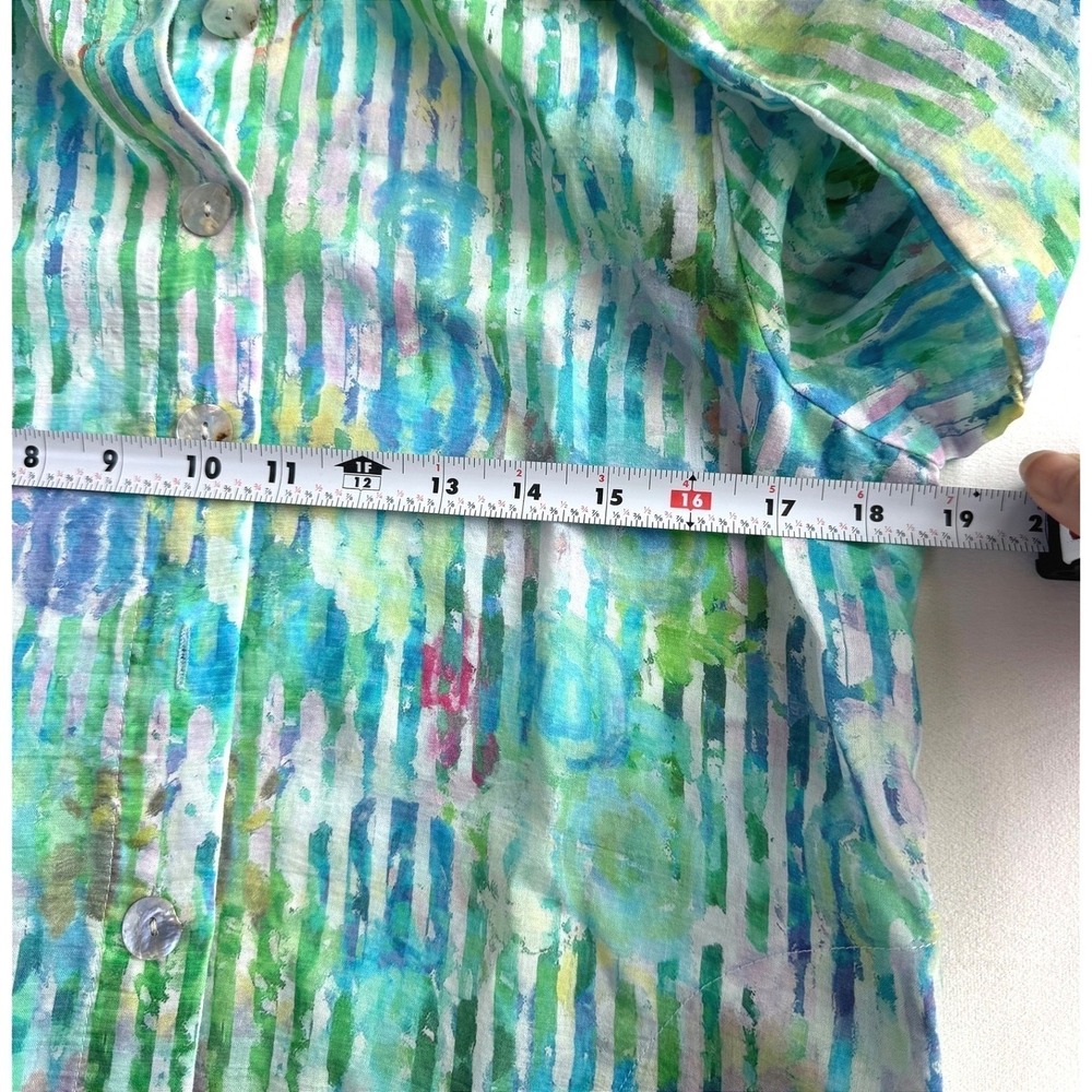 Terra SJ Watercolor Stripe Ruffle Collar Button Up Green Art to wear tunic - Picture 7 of 12